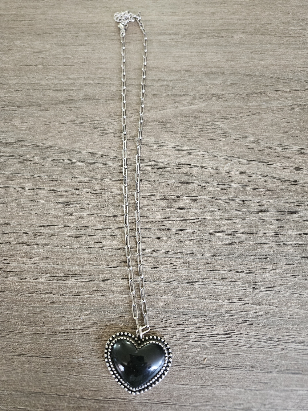 Silver Heart Pendant Necklace with Black Stone-NWOT